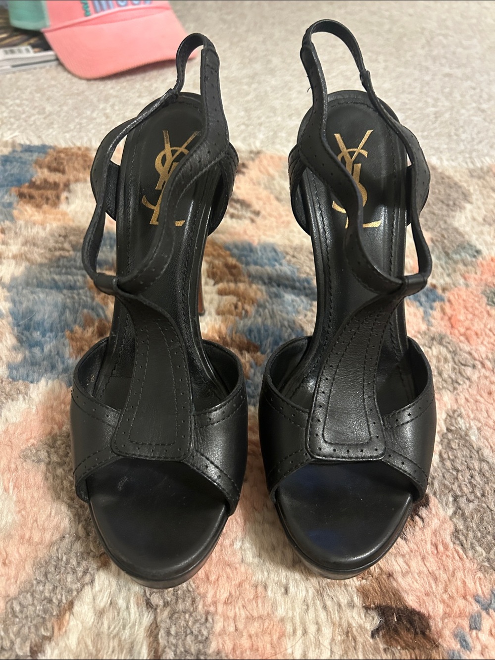 Saint Laurent Black Leather T-Strap Slingback Heels